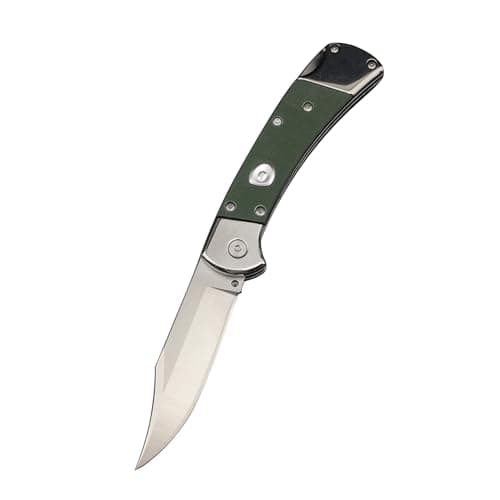 HUAAO 7.3 Inch Lock Back Knife with G10 Handle & Leather Sheath (Green)