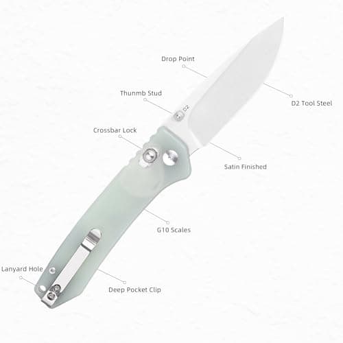 3.14" D2 Steel Satin Blade Folding Knife, G10 Scales, Axis Lock, Reversible Clip, Perfect for Men, Women, Camping & Hiki
