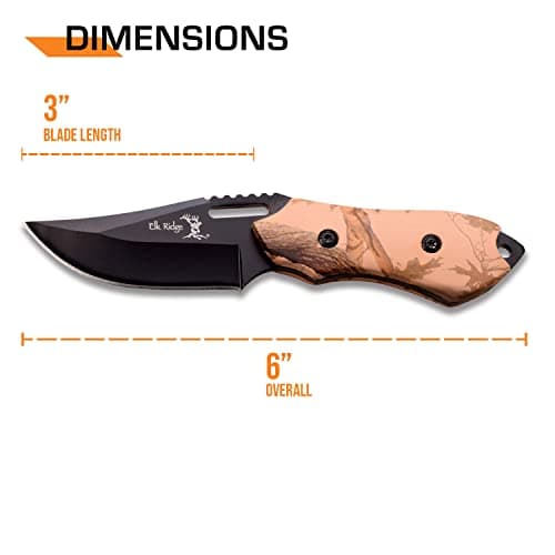 Elk Ridge Fixed Blade Knife - 3-in Black Stainless Steel, Camo Coated Wood Handle, 1680D Nylon Sheath