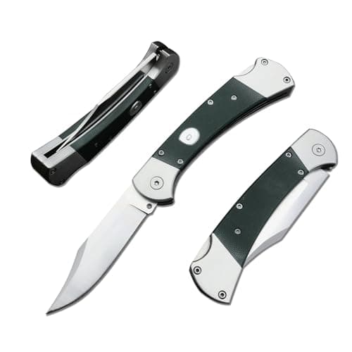Push Button Folding Knife, 440C Steel, Backlock, G10 Handle, Leather Sheath, EDC for Men (Black) — Green