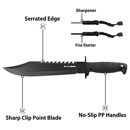 Flsissa 15-inch Full Tang Hunting Knife with Sheath & Sharpener for Camping & Survival