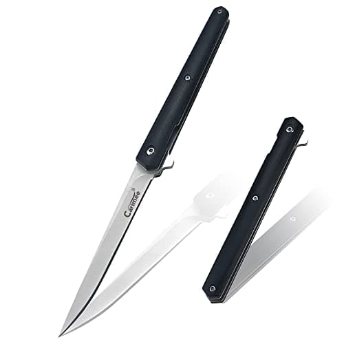 Double Action Pocket Knife with Damascus Pattern D2 Stainless Blade, Wood Handle, Leather Sheath — C07DB