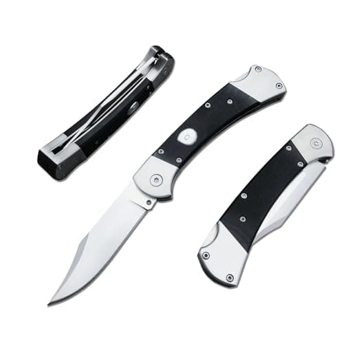 Push Button Folding Knife, 440C Steel, Backlock, G10 Handle, Leather Sheath, EDC for Men (Black)