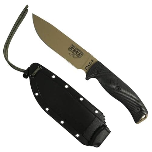 USA-Made ESEE 6 Fixed Blade Knife with Contoured Handle — Dark Earth Blade, Black G10 3D Handle