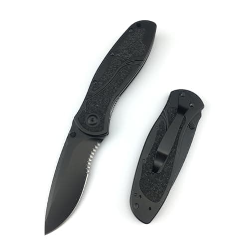 7.8 Inch Black Assisted Opening Blade Knife, 8Cr13Mov Steel, Thumb Stud, Aluminum Handle, SerratedPocketclip EDC