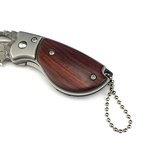 HUAAO 4.6’’ Damascus Pocket Knife with Wood Handle, Liner Lock, Keychain, Men's Outdoor Gift