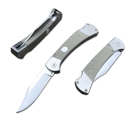 Push Button Folding Knife, 440C Steel, Backlock, G10 Handle, Leather Sheath, EDC for Men (Black) — Khaki