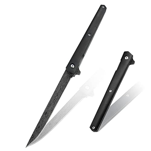 Double Action Pocket Knife with Damascus Pattern D2 Stainless Blade, Wood Handle, Leather Sheath — C07DBL