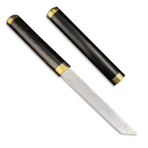 Damascus Tanto Knife, 6.3 Inch Fixed Blade, Mini Katana, Ebony Handle