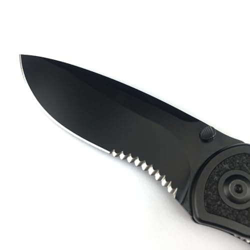 7.8 Inch Black Assisted Opening Blade Knife, 8Cr13Mov Steel, Thumb Stud, Aluminum Handle, SerratedPocketclip EDC