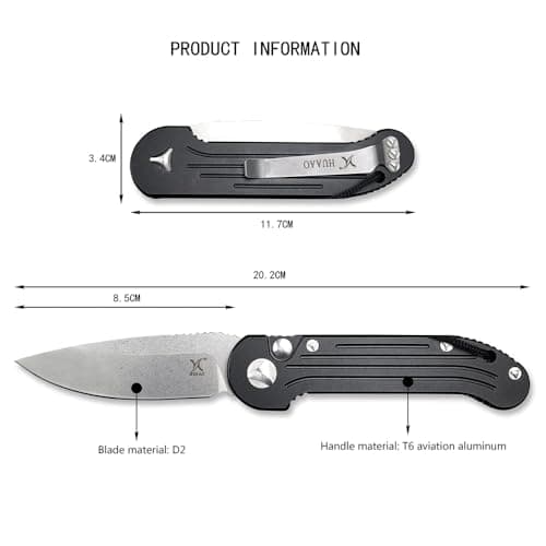 HUAAO 8" Assisted Opening Knife, Button Lock, Stonewashed Blade, Aviation Aluminum Handles, Clip for Everyday Carry & Ou