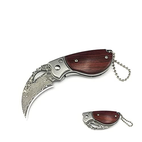 HUAAO 4.6’’ Damascus Pocket Knife with Wood Handle, Liner Lock, Keychain, Men's Outdoor Gift