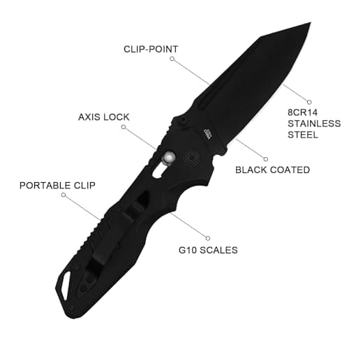 All-Black Stainless Steel Pocket Knife EMH01N for Men, Ideal for Outdoor, Camping, and Hiking