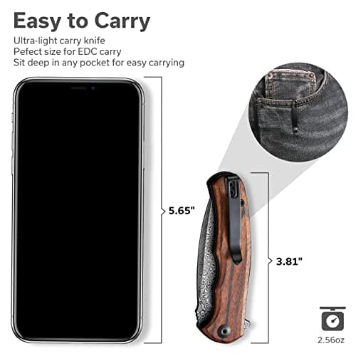 CIVIVI Damascus Blade Foldable Knife, 2.98" Guibourtia Wood, Ideal for Camping and Hiking C18026C-DS1