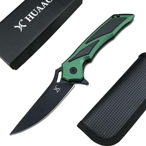 HUAAO Black 3.7” D2 Blade Pocket Knife for Men Outdoor Survival Camping — green
