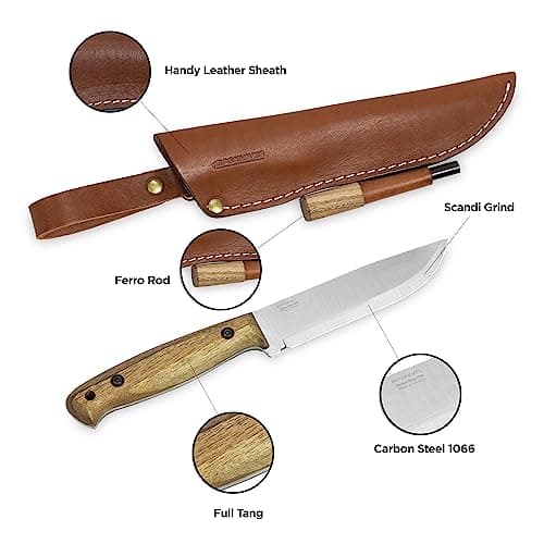 BPS Knives Adventurer - Bushcraft Fixed-Blade Carbon Steel Knife with Leather Sheath and Firestarter