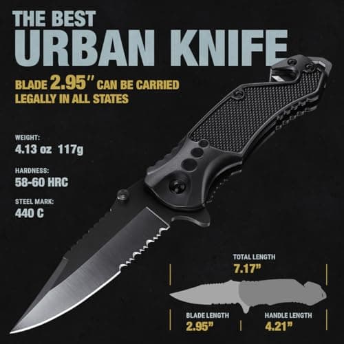 Legal Pocket Knife with Serrated Blade - EDC Folding Knife - Glass Breaker, Seat Belt Cutter - Gifts for Men