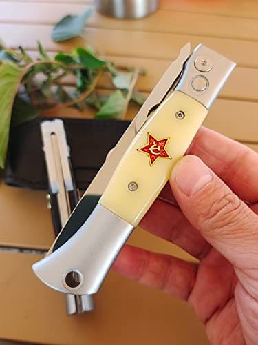 Finka-NKVD KGB Folding Pocket Knife, 3.74" X12M Steel Blade, Aviation Aluminum Handle (Beige)