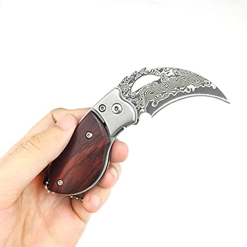 HUAAO 4.6’’ Damascus Pocket Knife with Wood Handle, Liner Lock, Keychain, Men's Outdoor Gift