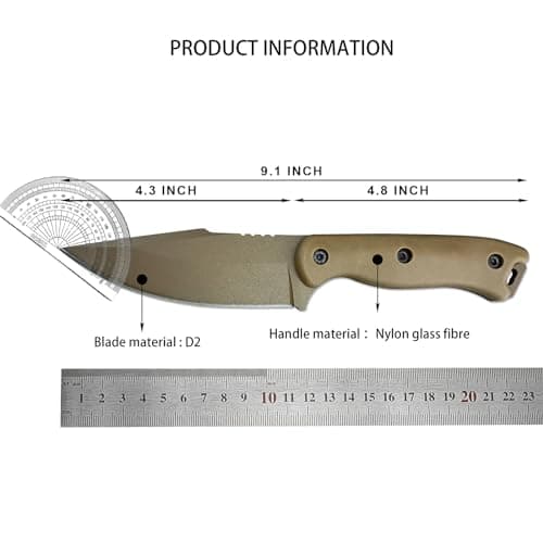 HUAAO D2 Steel Harpoon Knife, 9.1 Inch Fixed Blade for Camping, Hunting, Survival (Tan)