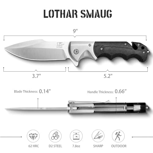 LOTHAR SMAUG 3.7 Inch D2 Steel Pocket Knife with G10 Handle & Glass Breaker