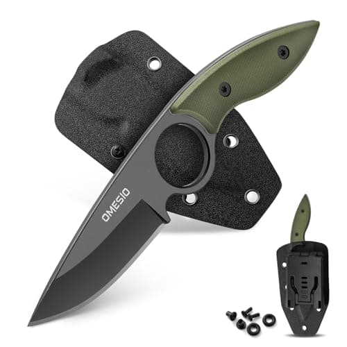 Omesio Tactical Hunting Camping Knife, Kydex Sheath, G10 Handle, Black, Gift Box — Black Blade+Green Handle