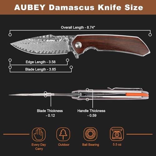 AUBEY Damascus Pocket Knife with Clip, Ball Bearing Blade, Wooden Handle (EDC)