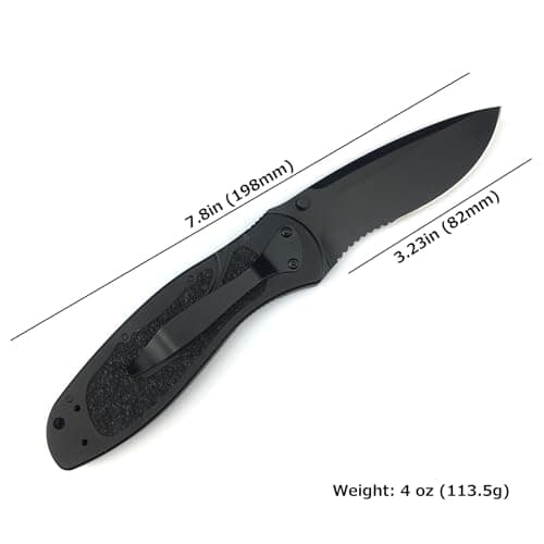 7.8 Inch Black Assisted Opening Blade Knife, 8Cr13Mov Steel, Thumb Stud, Aluminum Handle, SerratedPocketclip EDC