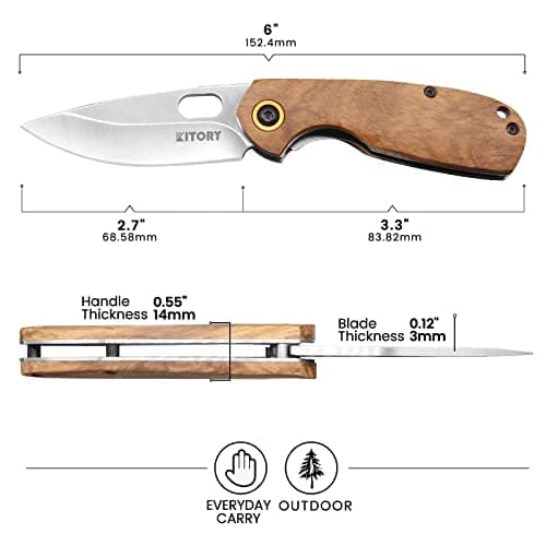 Kitory 2.7" EDC Folding Knife, D2 Stainless Steel, Wood Handle, Lanyard Hole, 2023 Gift
