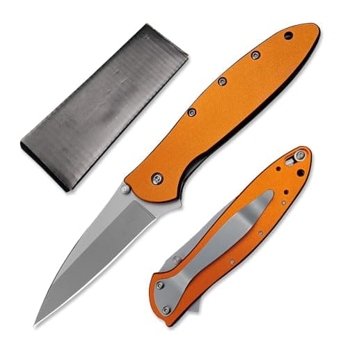 HUAAO 7in Flipper Pocket Knife, Stainless Steel Handle, Orange Clip Carry Knife