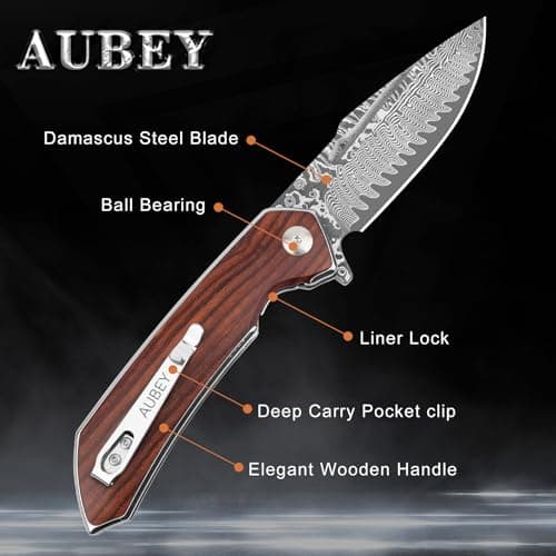 AUBEY Damascus Pocket Knife with Clip, Ball Bearing Blade, Wooden Handle (EDC)