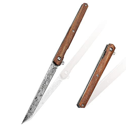 Double Action Pocket Knife with Damascus Pattern D2 Stainless Blade, Wood Handle, Leather Sheath