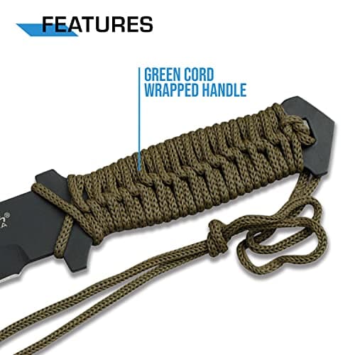MTECH USA Black Fixed Blade Knife - Green Cord Handle, Full Tang, Nylon Sheath - Hunting, Camping, Survival - MT-528C, S
