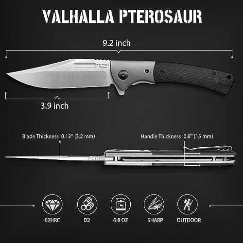 Valhalla Pterosaurs D2 Steel Pocket Knife, Men's Hunting Gift (BLACK)