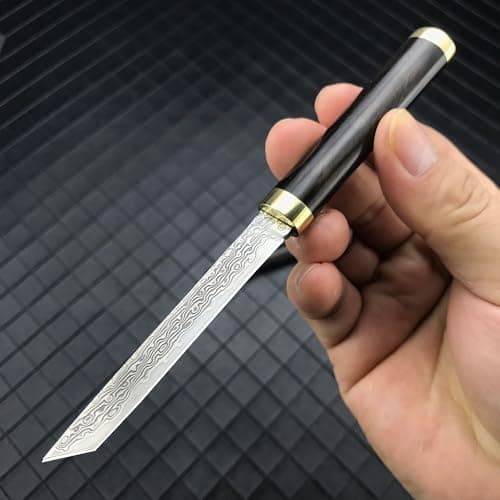 Damascus Tanto Knife, 6.3 Inch Fixed Blade, Mini Katana, Ebony Handle
