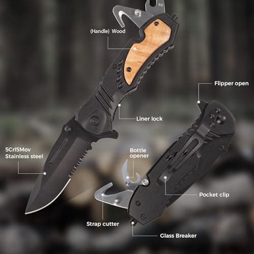 Tactical 5-in-1 Multitool Folding Knife, Self Defense, Camping, Hunting, Outdoors