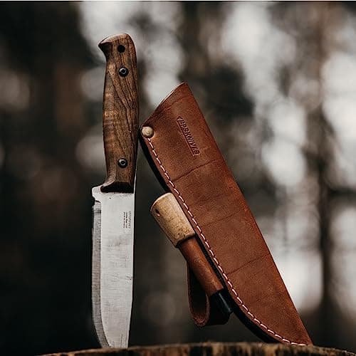 BPS Knives Adventurer - Bushcraft Fixed-Blade Carbon Steel Knife with Leather Sheath and Firestarter