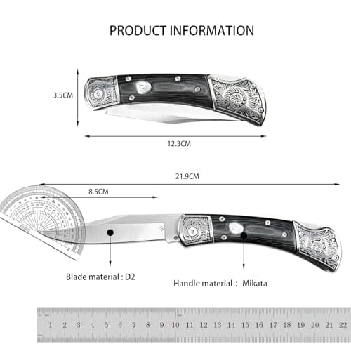 HUAAO 8.6 Folding Pocket Knife with D2 Steel Blade and Micarta Handle - Perfect Gift for Men (Black)