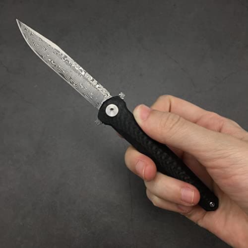 HUAAO Damascus Pocket Knife, 2.9”, Carbon Fiber Handle, Liner Lock, Black