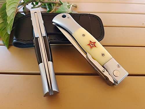 Finka-NKVD KGB Folding Pocket Knife, 3.74" X12M Steel Blade, Aviation Aluminum Handle (Beige)