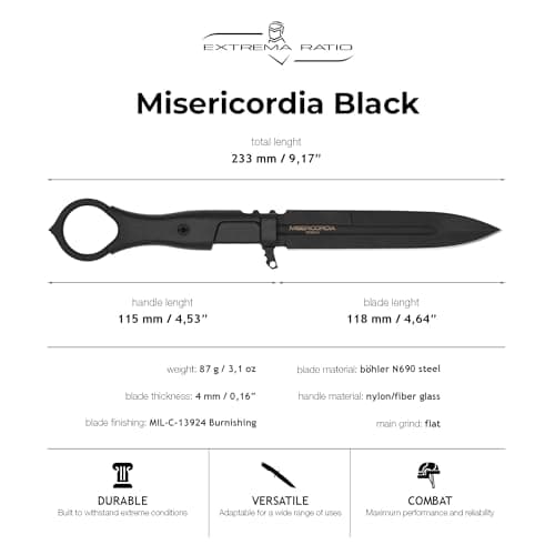 Extrema Ratio Misericordia Black Fixed Blade Knife, Italian Made