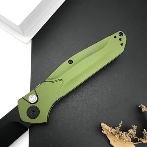 HUAAO EDC Pocket Knife, 3.15 Inch D2 Blade, Green Aluminium Handle, Camping Folding Knife for Men