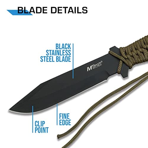 MTECH USA Black Fixed Blade Knife - Green Cord Handle, Full Tang, Nylon Sheath - Hunting, Camping, Survival - MT-528C, S