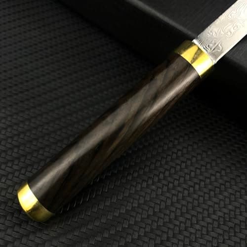 Damascus Tanto Knife, 6.3 Inch Fixed Blade, Mini Katana, Ebony Handle
