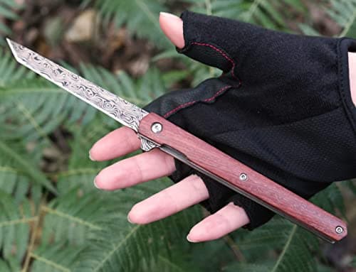 Double Action Pocket Knife with Damascus Pattern D2 Stainless Blade, Wood Handle, Leather Sheath