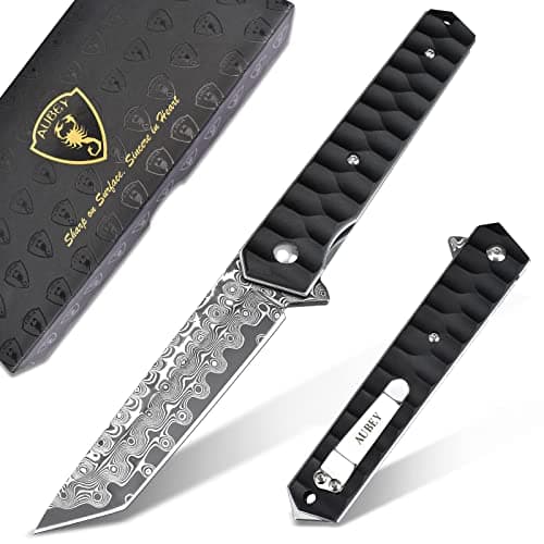 AUBEY Damascus Pocket Knife, Tanto VG10 Core Steel Folding Knife with Ball Bearing and Glass Breaker, EDC Damascus Knife for Men and Women — A-Aluminum Handle
