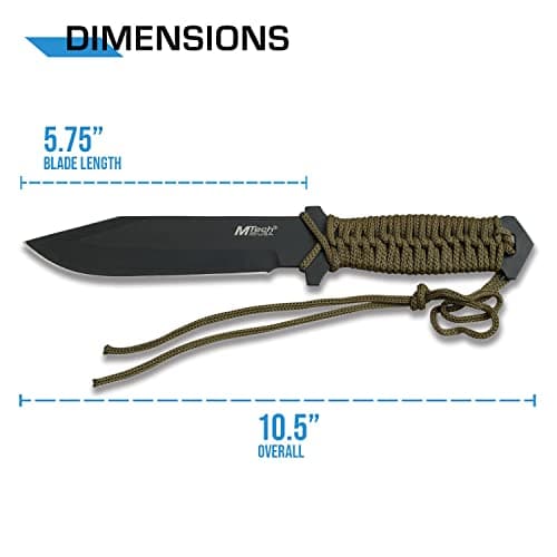 MTECH USA Black Fixed Blade Knife - Green Cord Handle, Full Tang, Nylon Sheath - Hunting, Camping, Survival - MT-528C, S
