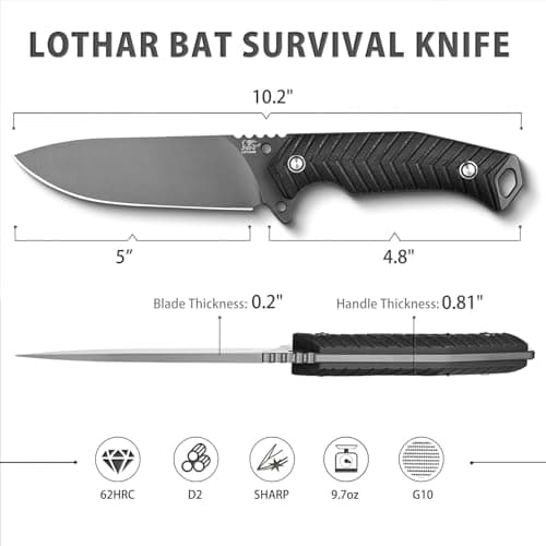 LOTHAR BAT Survival Knife with Fire Starter - D2 Steel Fixed Blade, G10 Handle, Tactical Camping & Bushcraft Knife with Kydex Sheath, Perfect Gift for Men