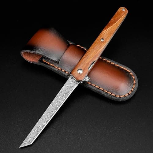 AUBEY Damascus Pocket Knife with Abalone Handle, Leather Sheath, Ideal for Everyday Carry — D-Wooden Handle