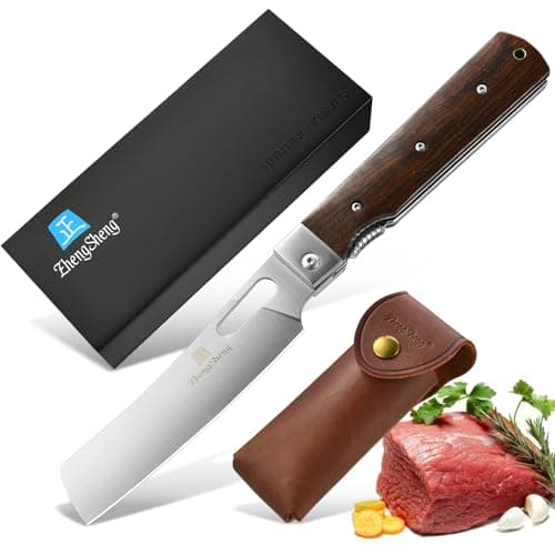 4.8" Sharp 440A Stainless Steel Folding Chef Knife with Wood Handle for Outdoor Cooking — #5 Natural wooden Handle - Leather Pouch